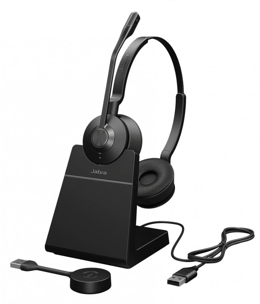 Jabra Engage 55 SE Stereo DECT wireless headset on its charging stand with USB dongle, studio view
