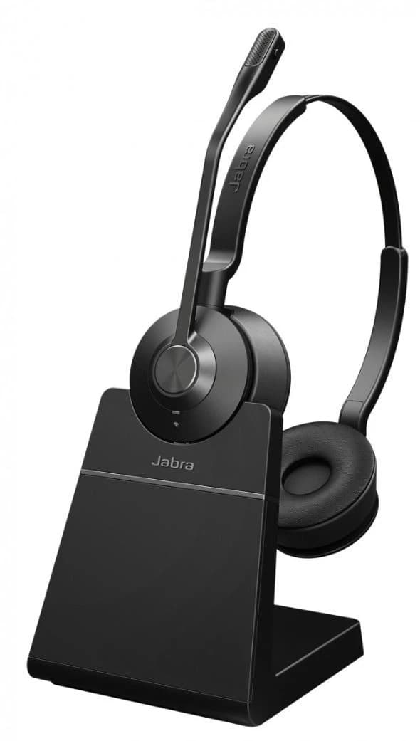 Jabra Engage 55 SE Stereo headset on its charging stand with USB dongle and USB cable, studio view