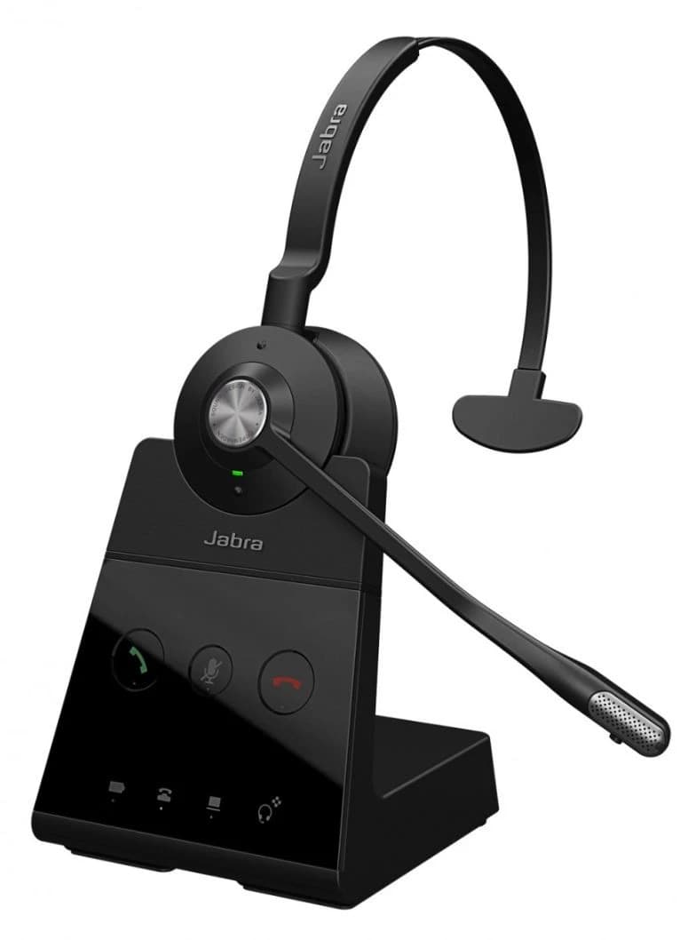 Jabra Engage 65 SE Mono DECT wireless headset docked on its desk stand base, studio view