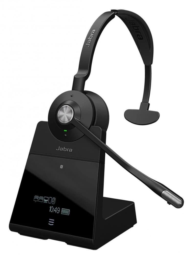 Jabra Engage 75 SE Mono headset docked on its base station with status display, studio view