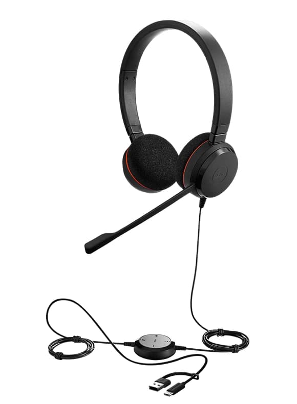 Jabra Evolve 20 wired headset with USB controller, studio view