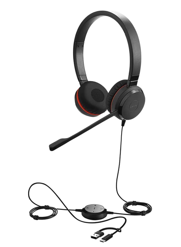 Jabra Evolve 30 II wired headset with USB controller, studio view