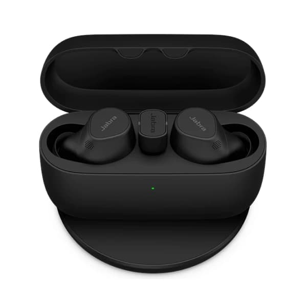 Jabra Evolve2 Buds true wireless earbuds in their open charging case, studio view