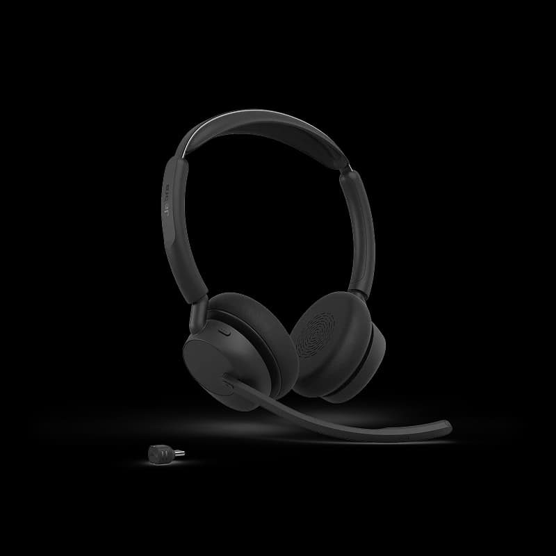 Jabra Evolve3 45 Bluetooth wireless headset, angled studio view
