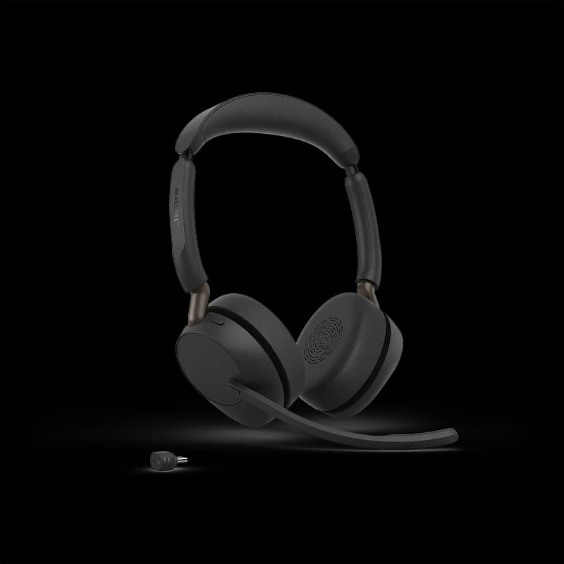 Jabra Evolve3 65 Bluetooth wireless headset, angled studio view