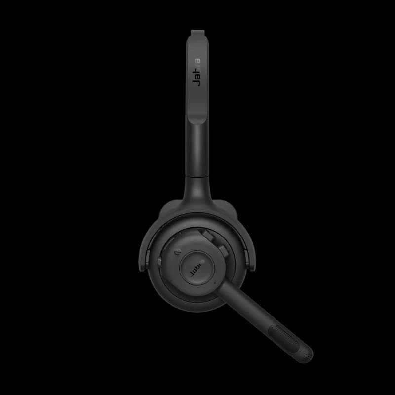 Jabra Perform 55 headset on a white background, boom microphone lowered