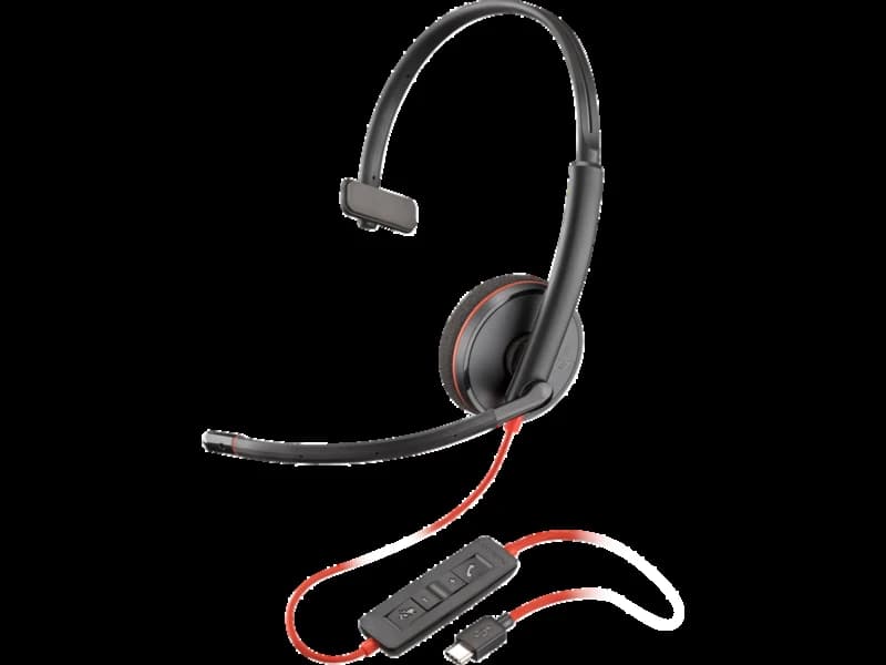 Poly Blackwire 3210 monaural USB-C headset, angled studio view