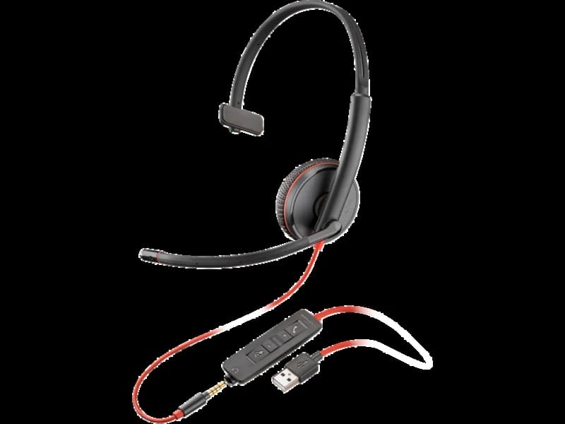 Poly Blackwire 3215 monaural USB-A headset with 3.5mm cable, angled studio view