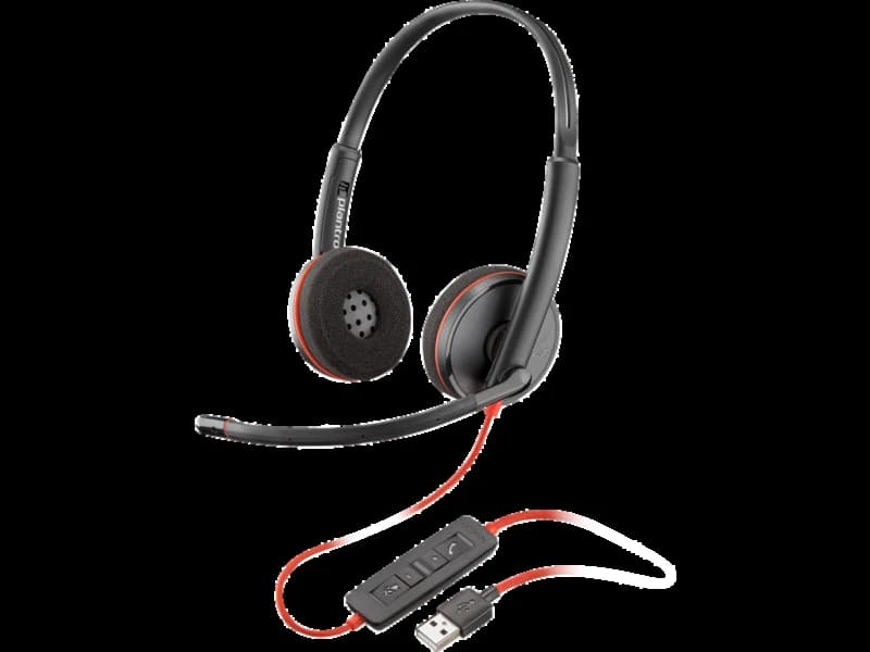 Poly Blackwire 3220 stereo USB-A headset, angled studio view