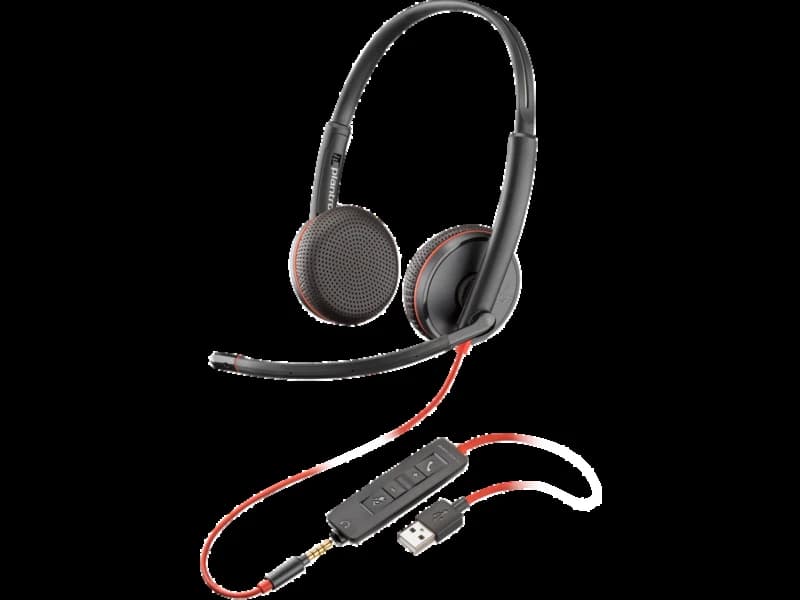 Poly Blackwire 3225 stereo USB-A headset with 3.5mm cable, angled studio view