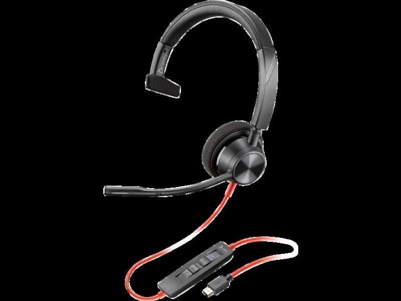Poly Blackwire 3310 monaural USB-C headset, angled studio view