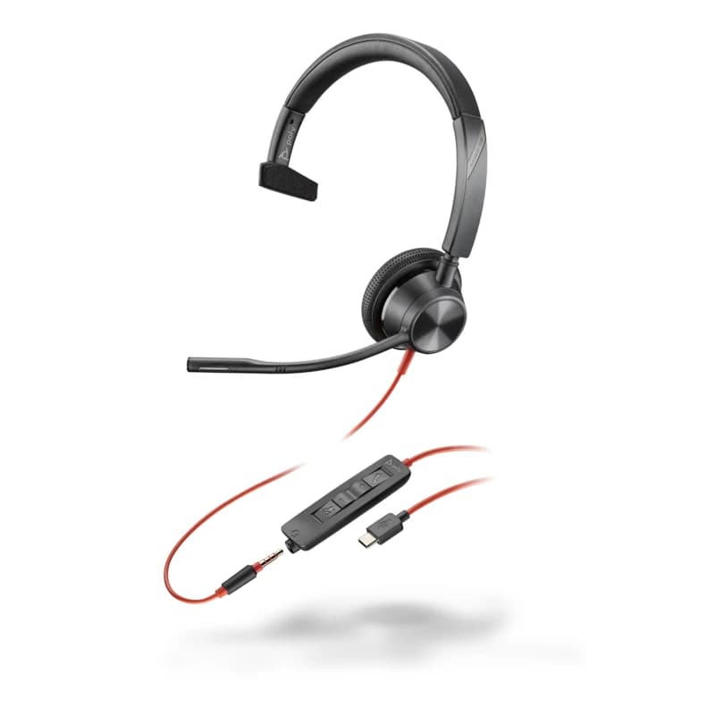 Poly Blackwire 3315 monaural USB-C headset with 3.5mm cable, angled studio view