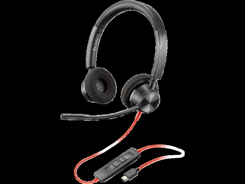 Poly Blackwire 3320 stereo USB-C headset, angled studio view