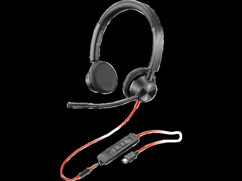 Poly Blackwire 3325 stereo USB-C headset with 3.5mm cable, angled studio view