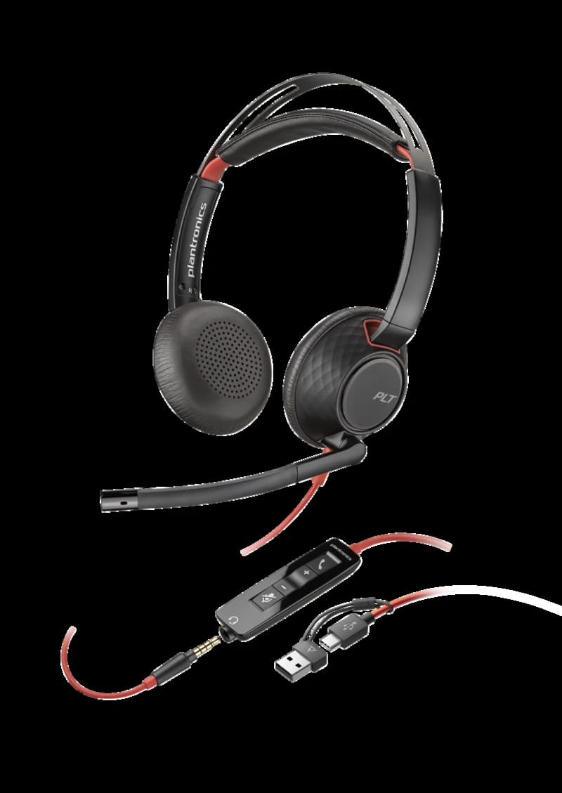 Poly Blackwire 5220 stereo USB-C headset, angled studio view