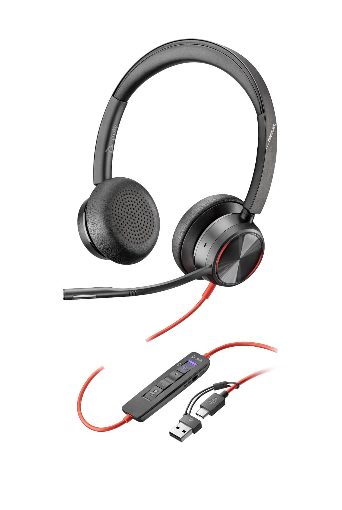 Poly Blackwire 8225 stereo USB-C headset with hybrid ANC, angled studio view