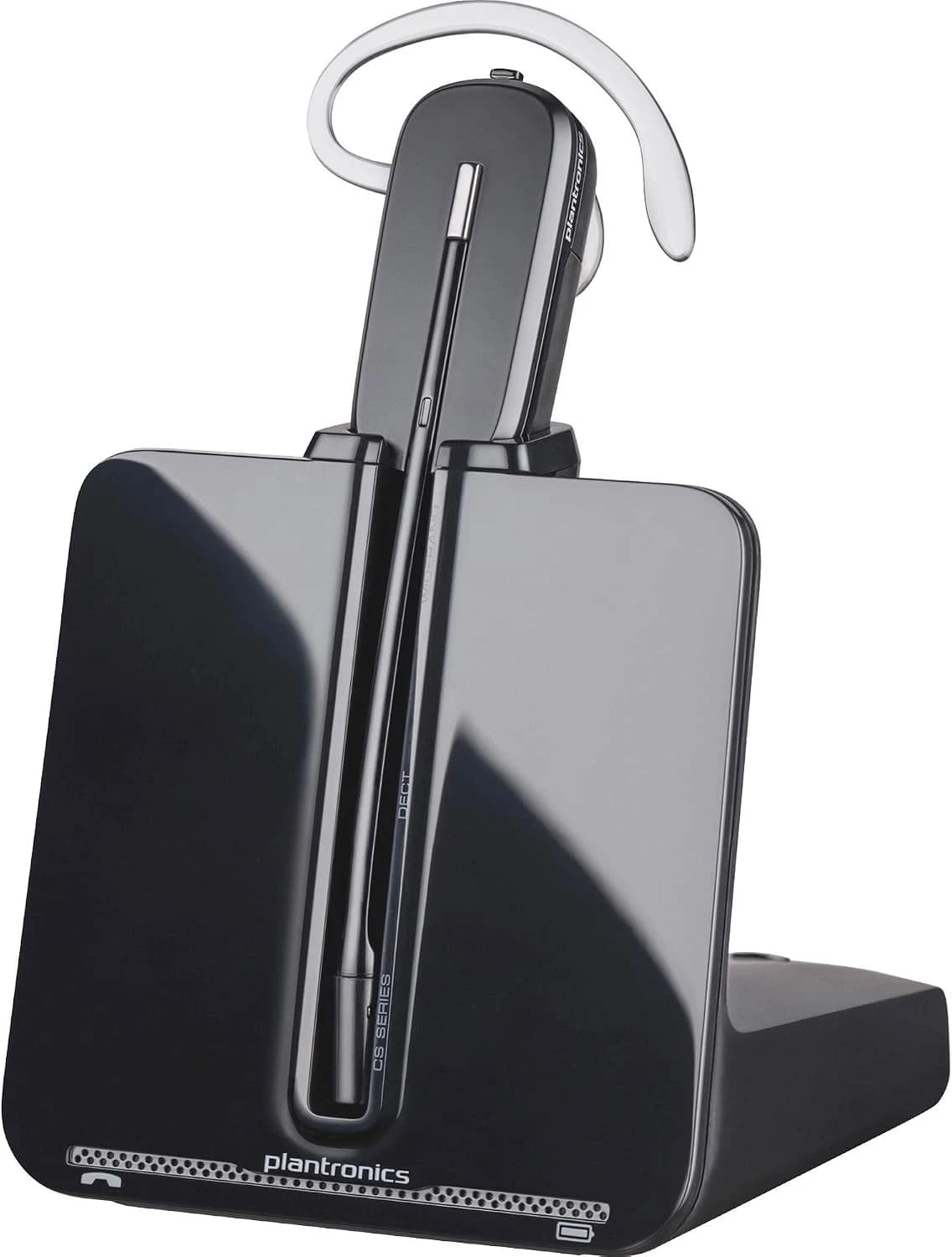 Poly CS540A convertible DECT wireless headset on its desk-phone base, angled studio view