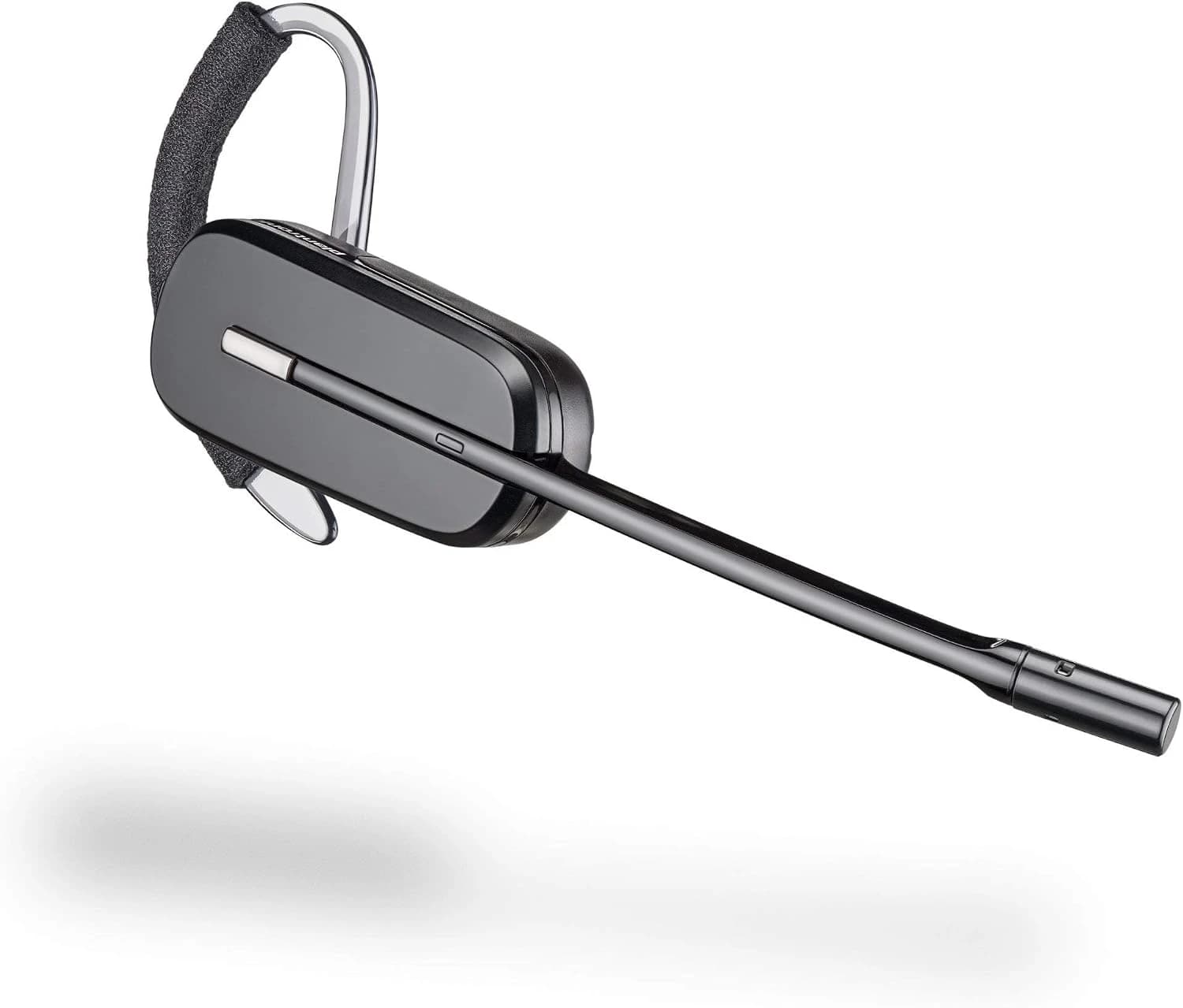 Poly CS540A convertible DECT headset, close-up studio view of the earpiece and boom microphone
