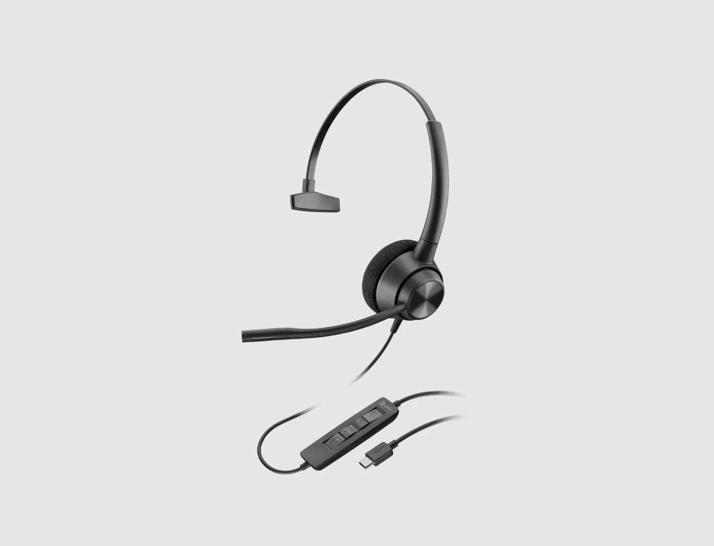 Poly EncorePro 310 monoaural headset with USB-C inline control pod, studio view