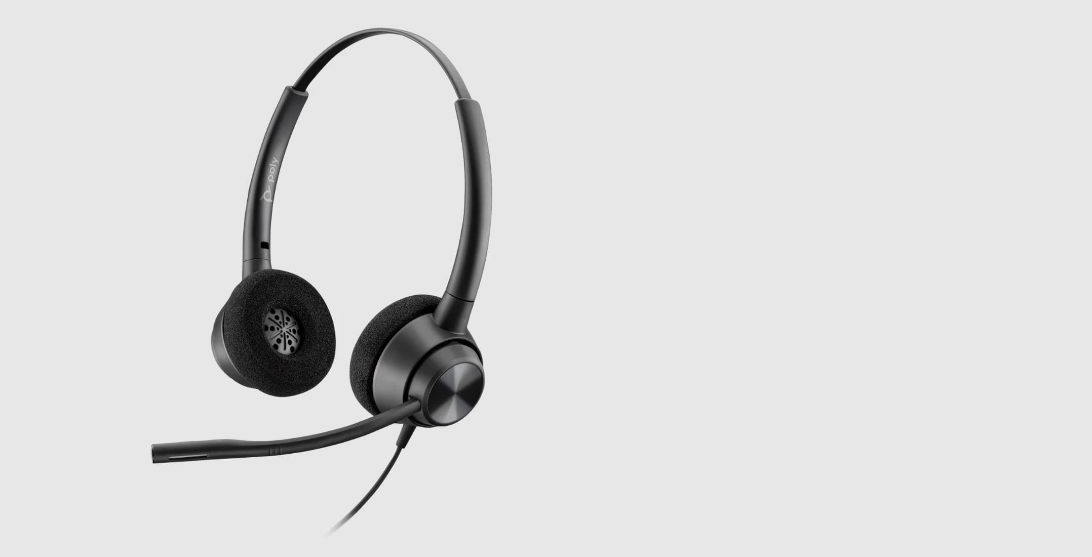 Poly EncorePro 320 stereo Quick Disconnect headset, angled studio view