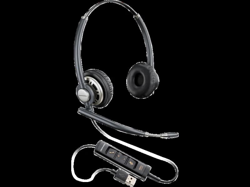 Poly EncorePro 725 stereo USB-A headset with inline control pod, studio view