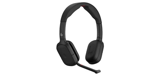 HP Poly Focus 625 Fold headset, angled studio view showing the hideaway microphone boom and USB-C port