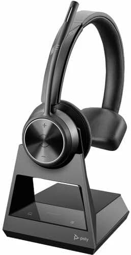 Poly Savi 7310 UC Monaural DECT headset on its charging stand, studio view