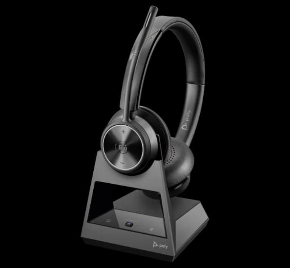 Poly Savi 7320 UC Stereo DECT headset on its charging stand, front studio view