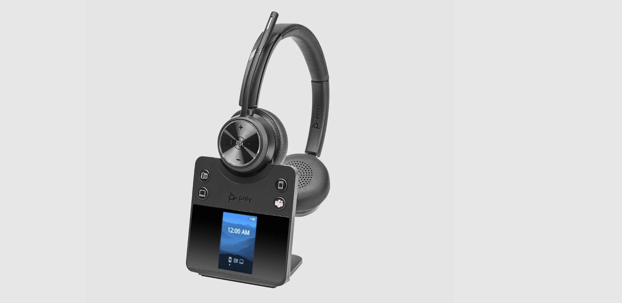 Poly Savi 7420 Office Stereo DECT headset on its universal office base, angled studio view