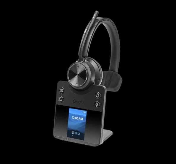 Poly Savi 7420 Office Stereo DECT headset on its universal office base, front studio view