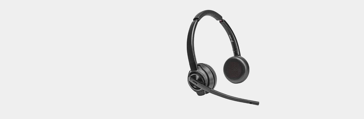 Poly Savi 8410 Office Monaural DECT headset on its color-display office base, angled studio view