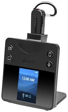 Poly Savi 8445 Office Convertible DECT headset on its color-display office base, studio view