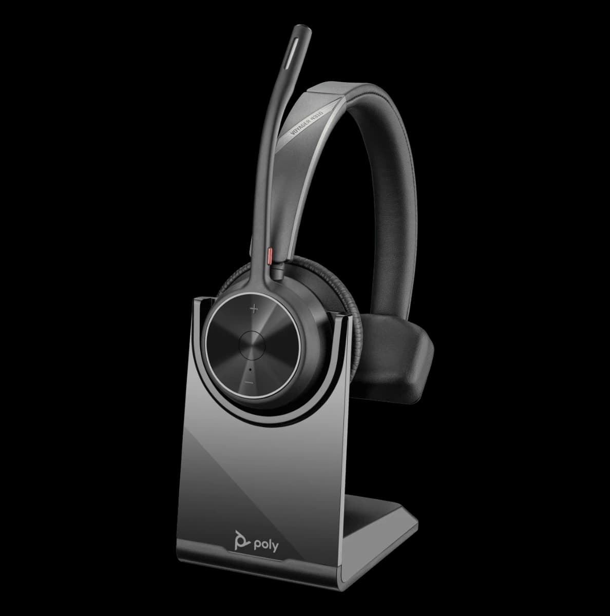 Poly Voyager 4310 mono Bluetooth headset on its charging stand, studio view