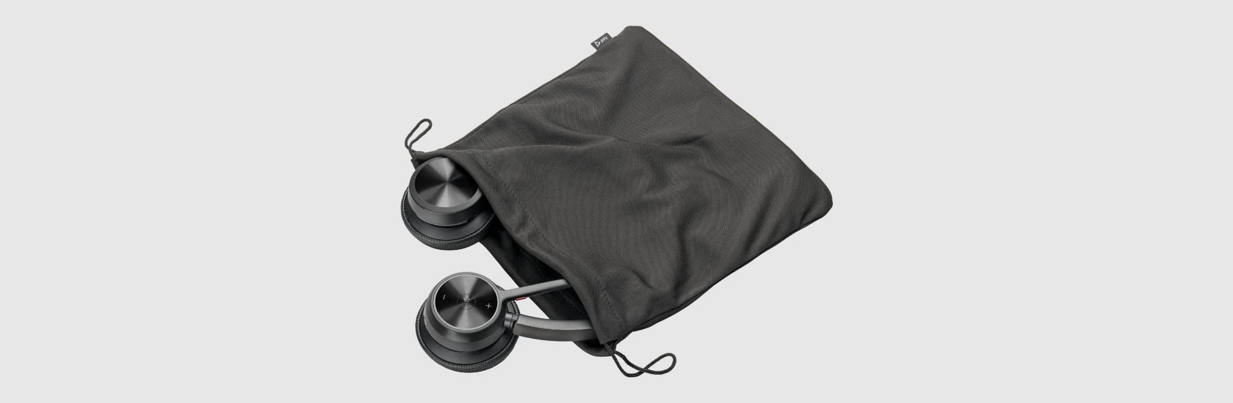 Poly Voyager 4300 UC Series headset folded into its travel pouch