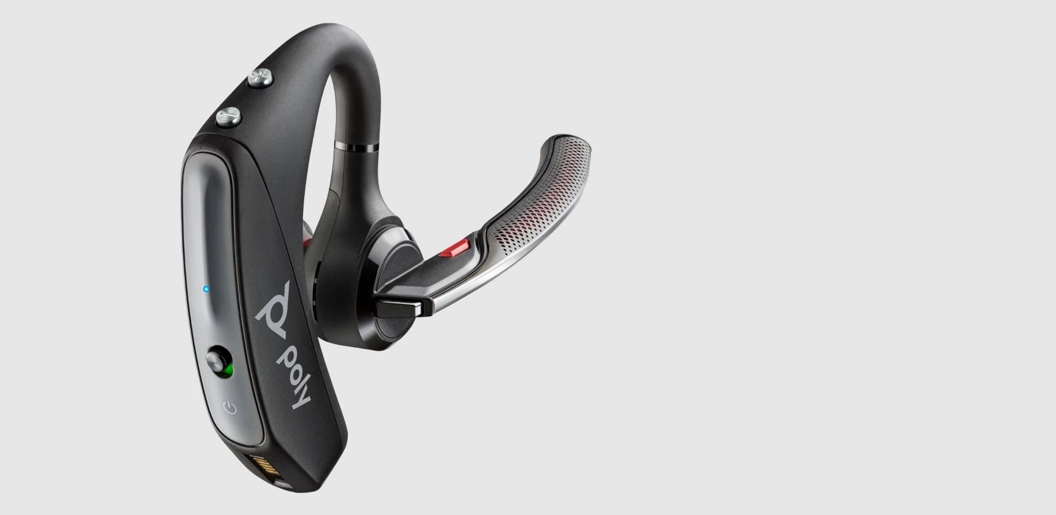 Poly Voyager 5200 mono Bluetooth earpiece headset, angled studio view