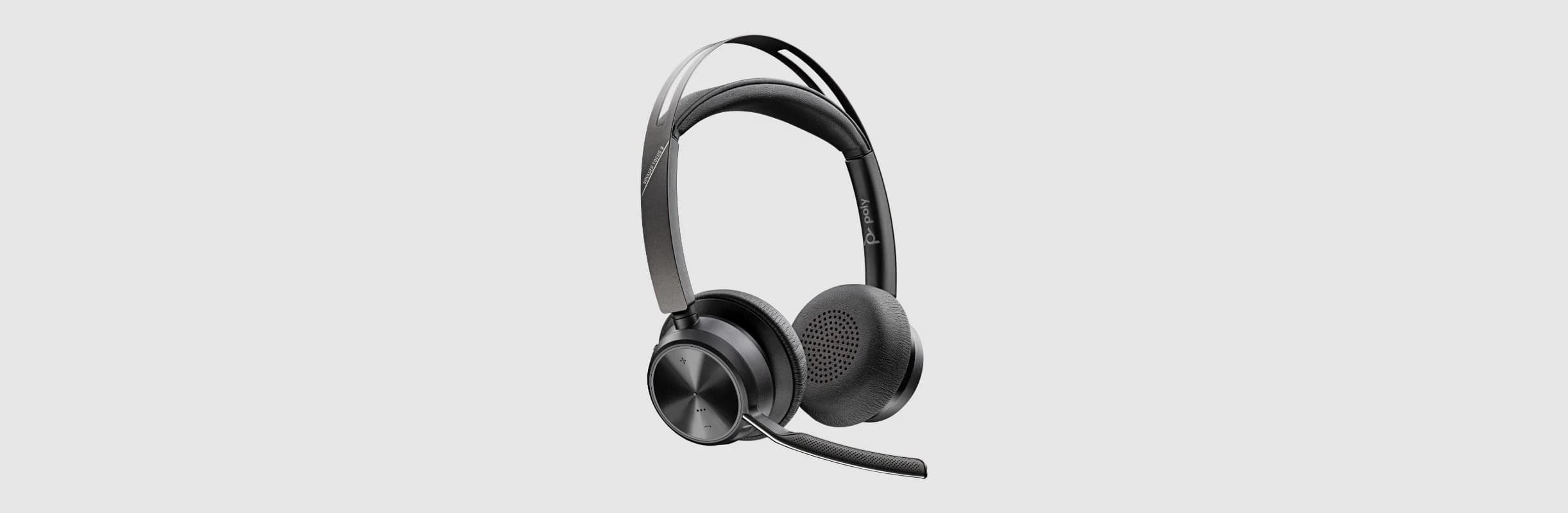 Poly Voyager Focus 2 headset, side profile showing the boom microphone