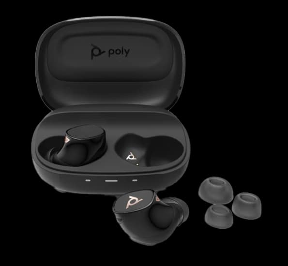 Poly Voyager Free 20 earbuds in their open charge case with spare ear tips