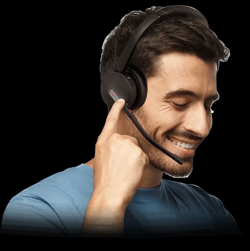 Yealink BH70 Dual headset worn, adjusting the busy-light mute control