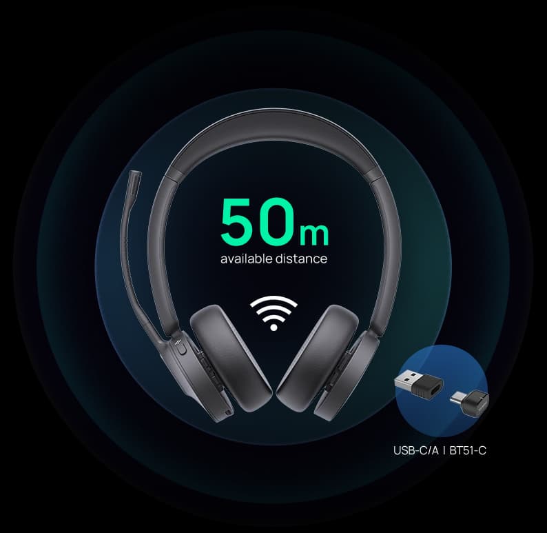 Yealink BH70 headset with the BT51 Bluetooth dongle, available in USB-C/A