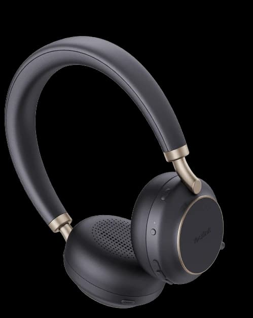 Yealink BH76 Plus over-ear headset, angled studio view showing the gold accent trim