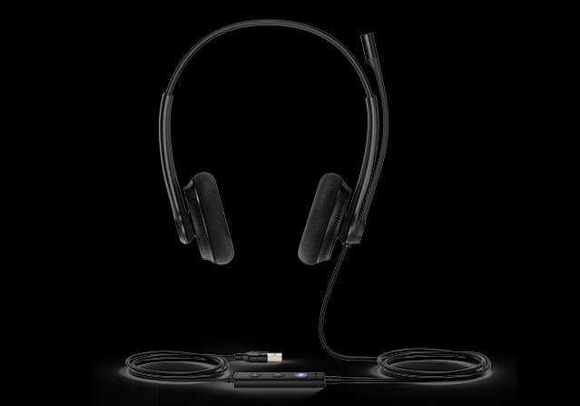 Yealink UH34 Dual USB wired headset with in-line LED controller, studio view
