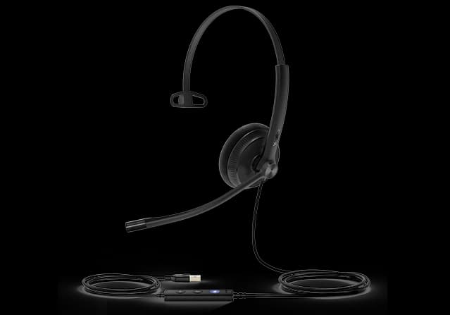 Yealink UH34 Mono USB wired headset with in-line LED controller, studio view