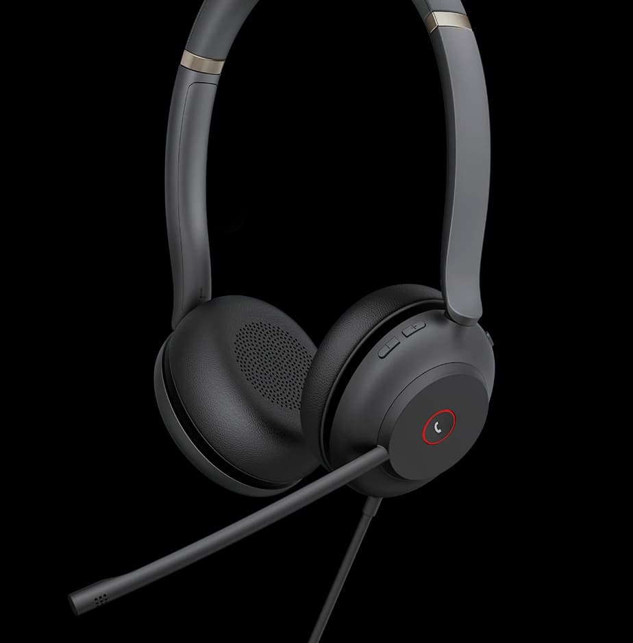 Yealink UH37 Dual and Mono USB wired headsets, studio composite with USB-A/USB-C cable detail