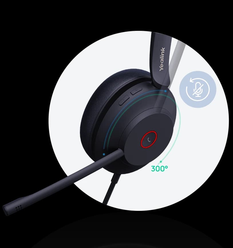 Yealink UH37 earcup detail showing the 300° rotating boom and busylight