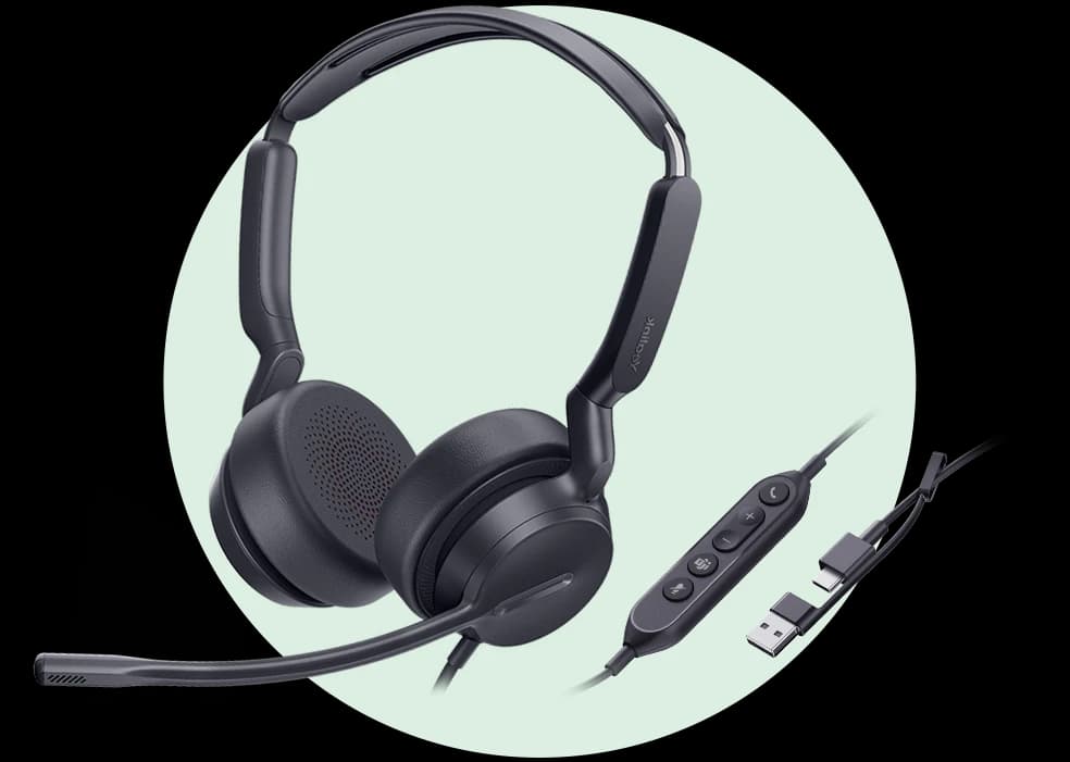 Yealink UH42 Dual USB wired headset with in-line controller and USB-C/A adapter cable, studio view