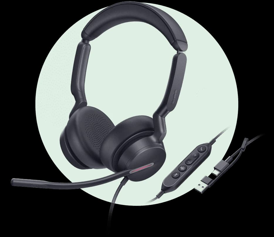 Yealink UH46 Dual USB wired headset with in-line controller and USB-C/A adapter cable, studio view
