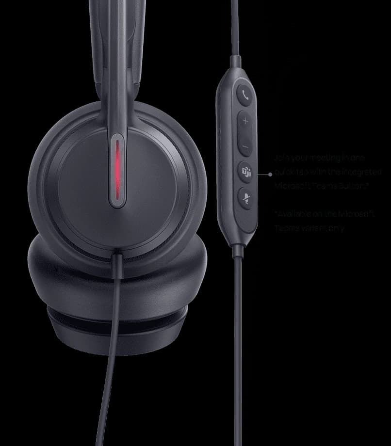 Yealink UH46 earcup detail showing the busylight and in-line controller with Microsoft Teams button