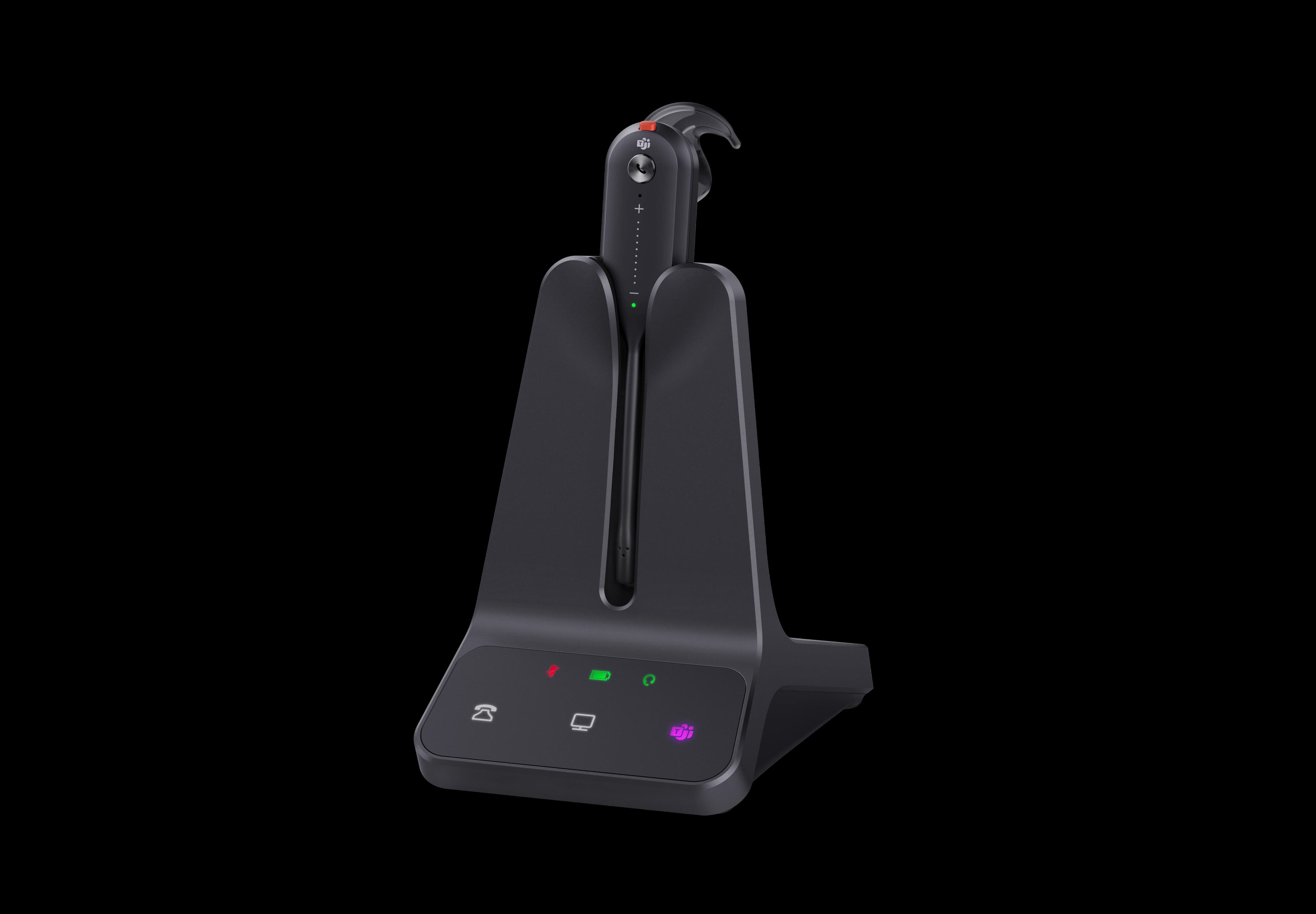 Yealink WH63 E2 headset docked on its charging base, angled studio view