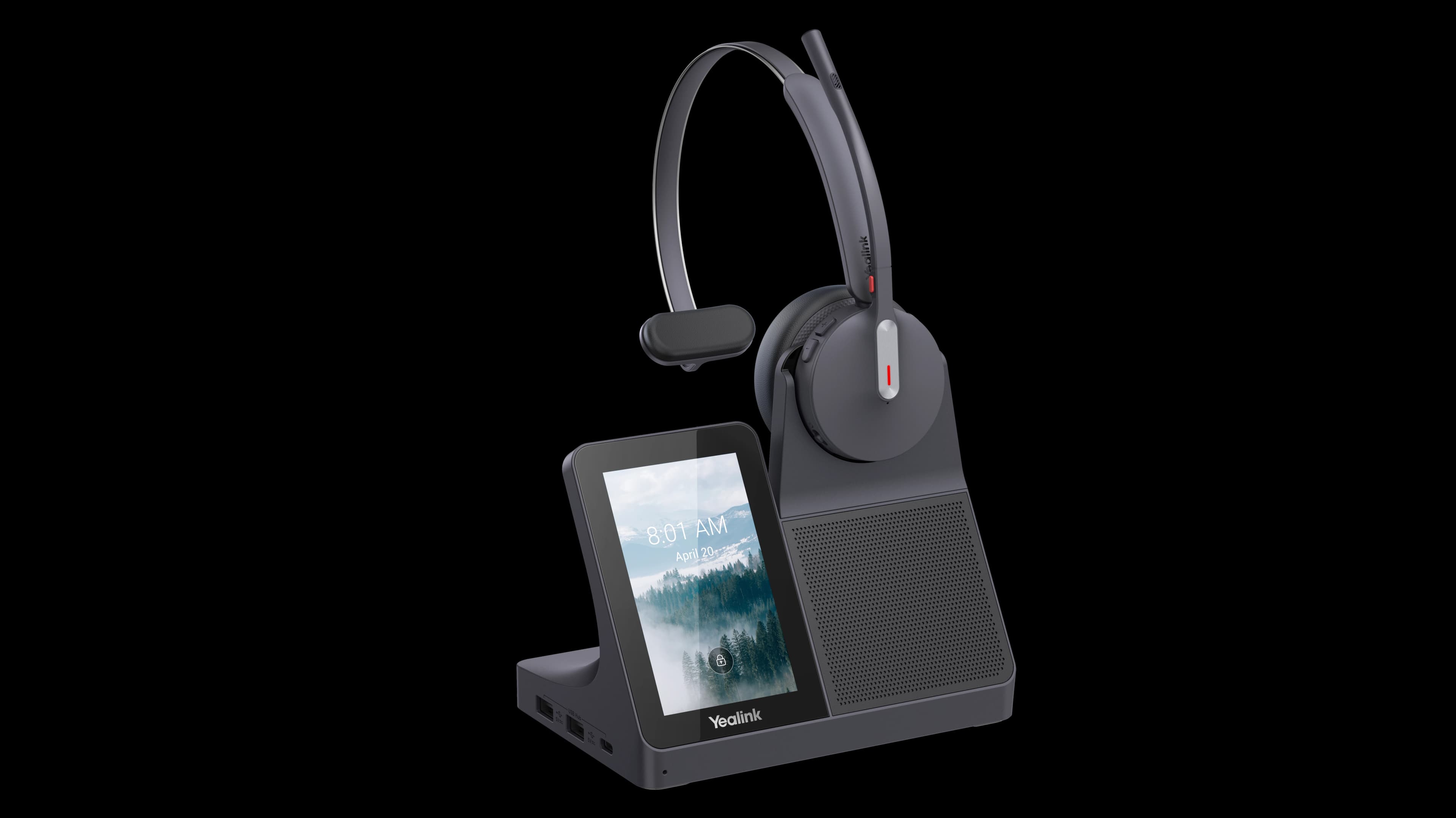 Yealink WH64 Workstation headset docked on its base with 4-inch touch display, angled studio view