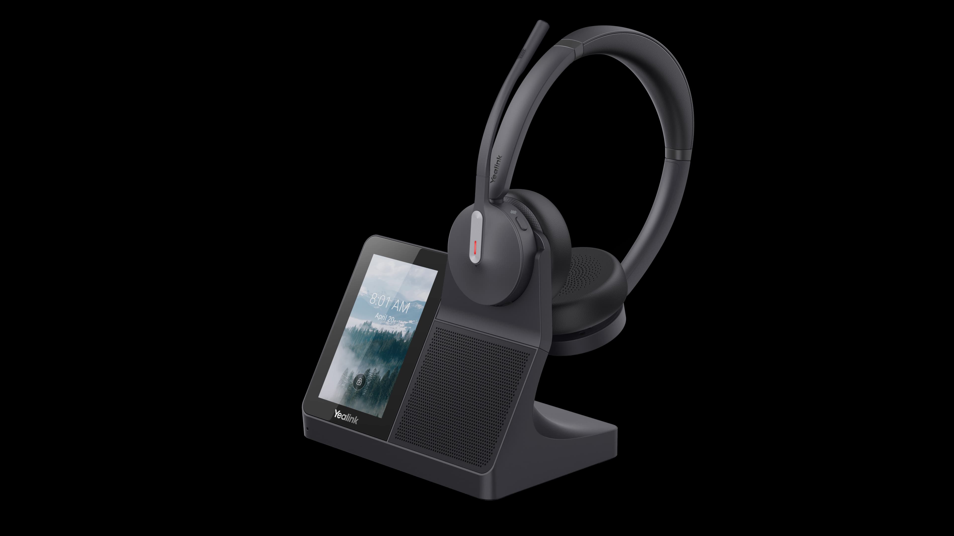 Yealink WH64 Workstation headset and base station, front studio view